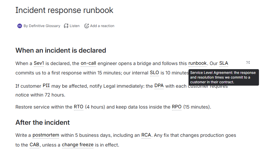 A Confluence page with glossary terms underlined. Hovering over SLA shows its approved definition.